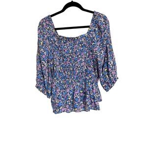 Nanette Lepore Top Womens Size Medium Retro Blue Floral Print Smocked Blouse NWT